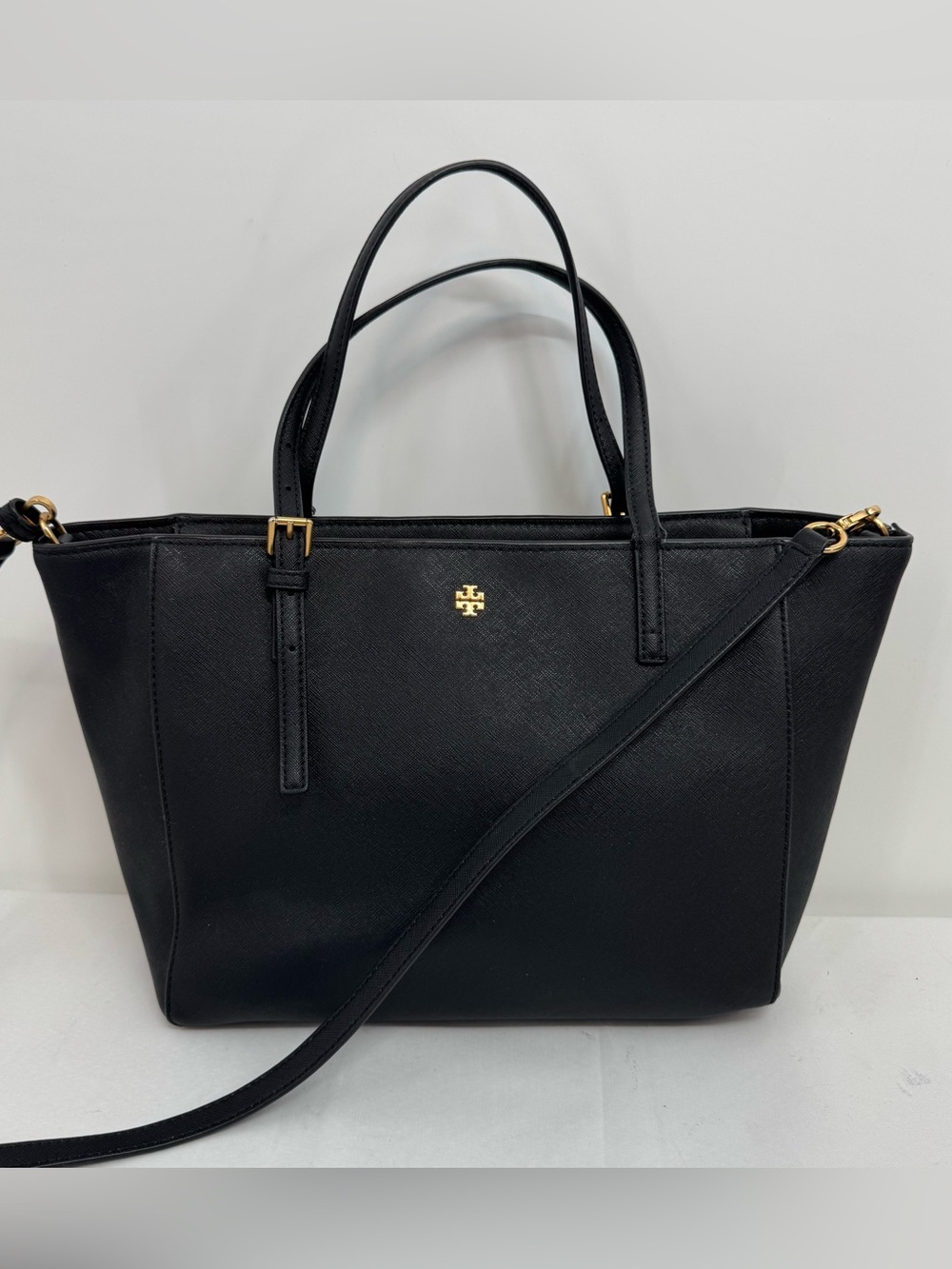 Tory Burch Emerson Black Saffiano Leather Tote Crossbody Work Bag